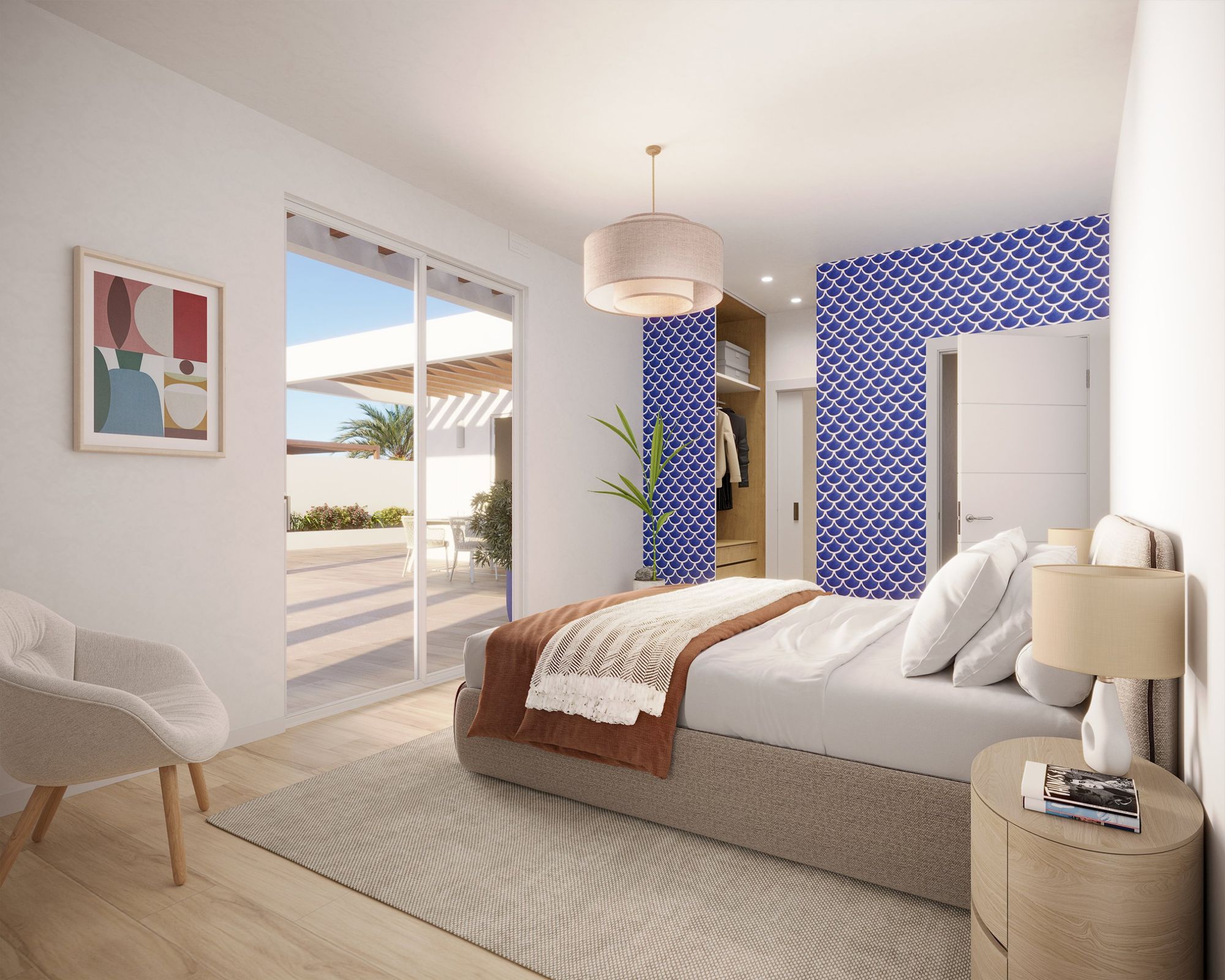 Dormitorio principal con azulejo azul