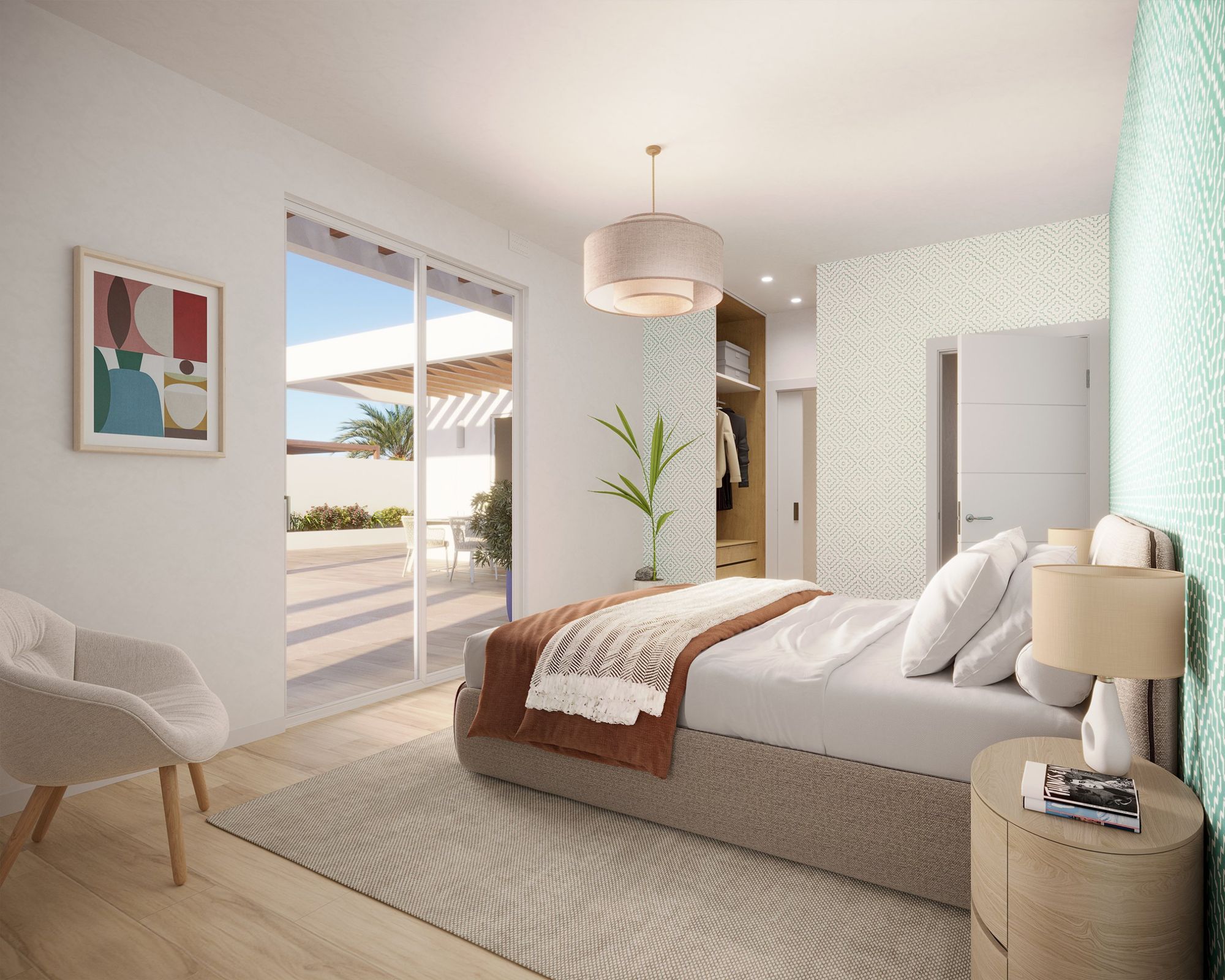 Dormitorio principal con papel geométrico verde